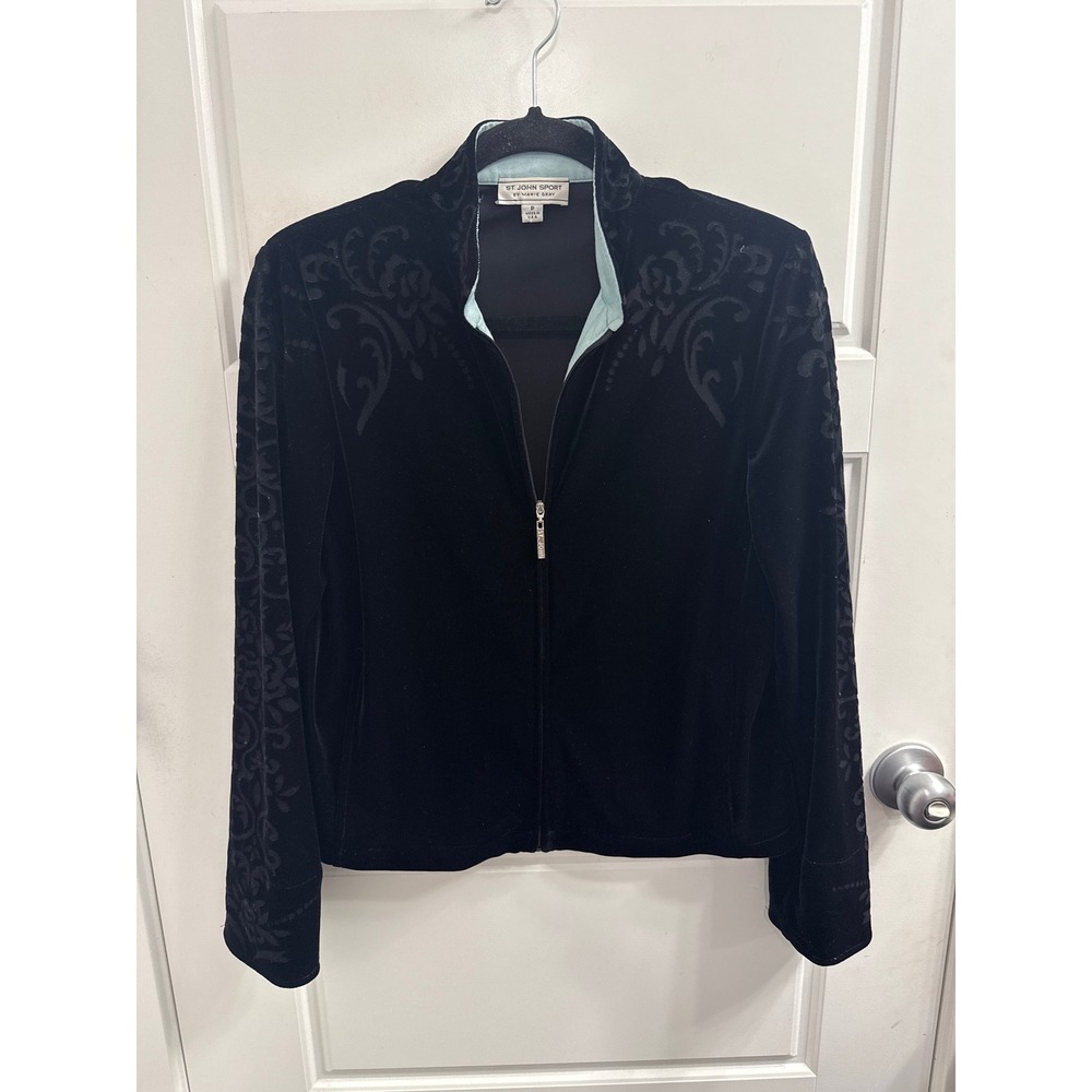 St John Sport Marie Gray Black Velvet Burnout Floral Zip Jacket Petite Small